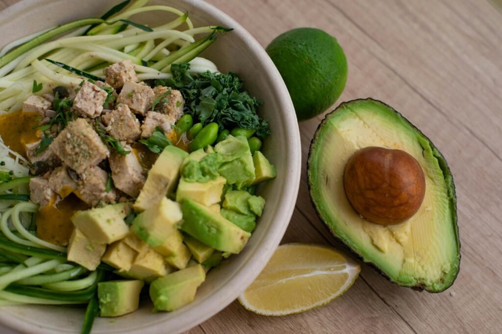 A tofu and avocado slaw bowl served as a light dinner