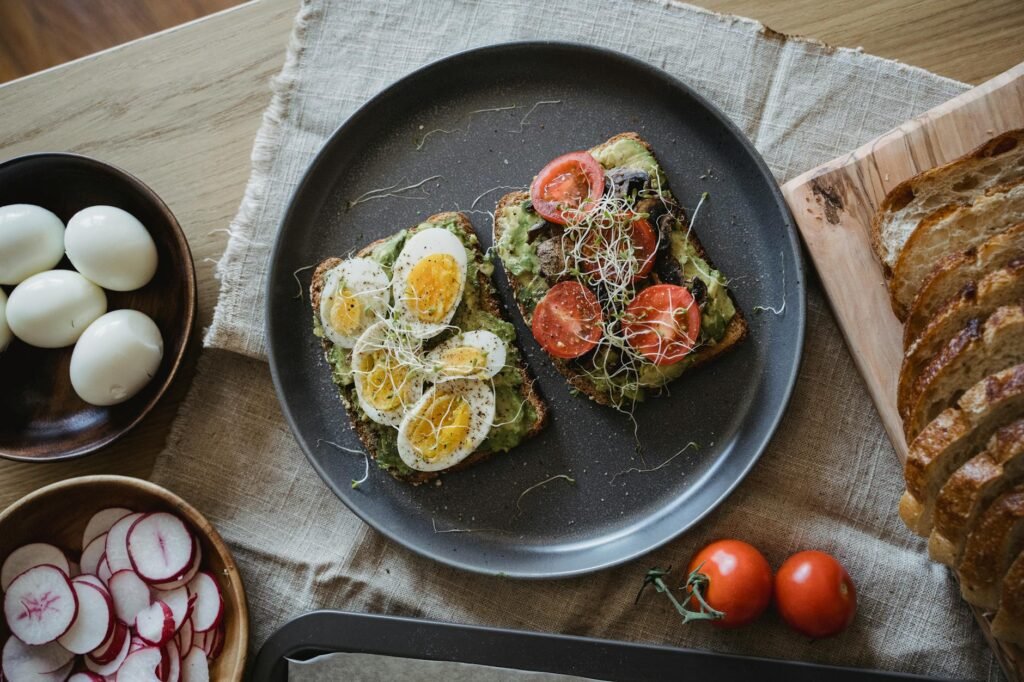 Ingredients for avocado toast arranged in measured portions