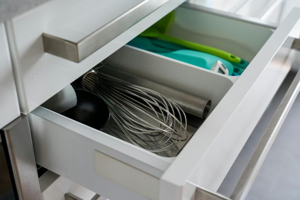 An organized freezer drawer with labeled meal-prep containers and small food portions